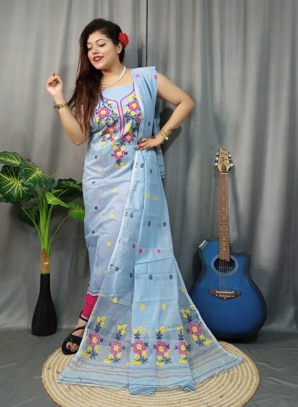 Shiuli Grey Blue Muga Cotton Unstitched Jamdani Suit Set