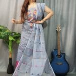 Shiuli Hit Grey Muga Cotton Unstitched Jamdani Suit Set