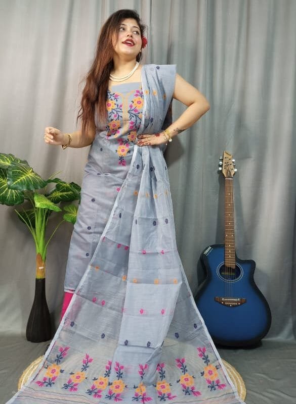 Shiuli Hit Grey Muga Cotton Unstitched Jamdani Suit Set