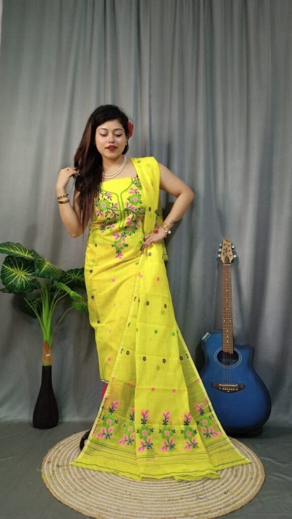 Shiuli Lemon Yellow Muga Cotton Unstitched Jamdani Suit Set