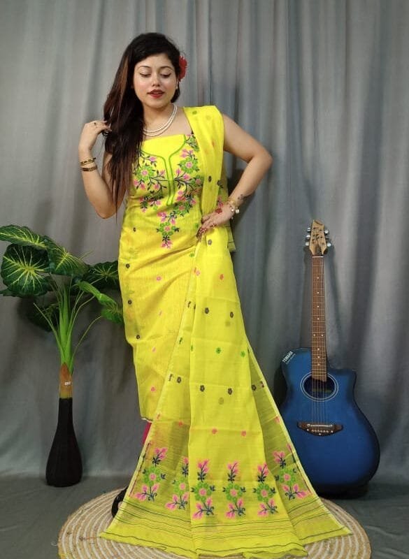 Shiuli Lemon Yellow Muga Cotton Unstitched Jamdani Suit Set