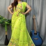 Shiuli Light Olive Green Muga Cotton Unstitched Jamdani Suit Set