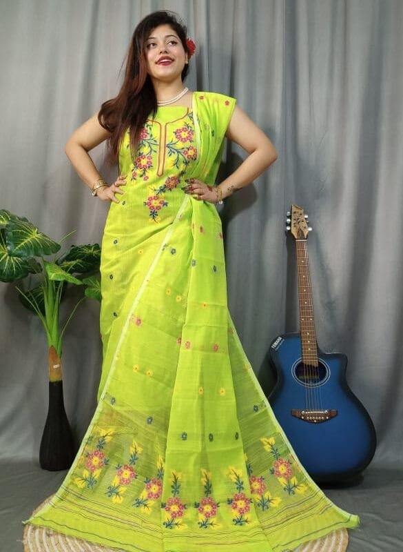 Shiuli Light Olive Green Muga Cotton Unstitched Jamdani Suit Set