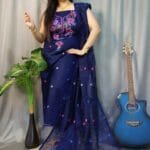 Shiuli Navy Blue Muga Cotton Unstitched Jamdani Suit Set