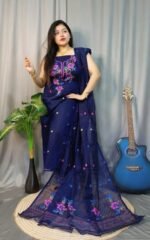 Shiuli Navy Blue Muga Cotton Unstitched Jamdani Suit Set