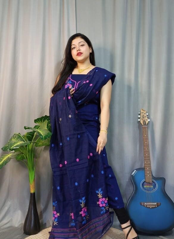 Shiuli Navy Blue Muga Cotton Unstitched Jamdani Suit Set