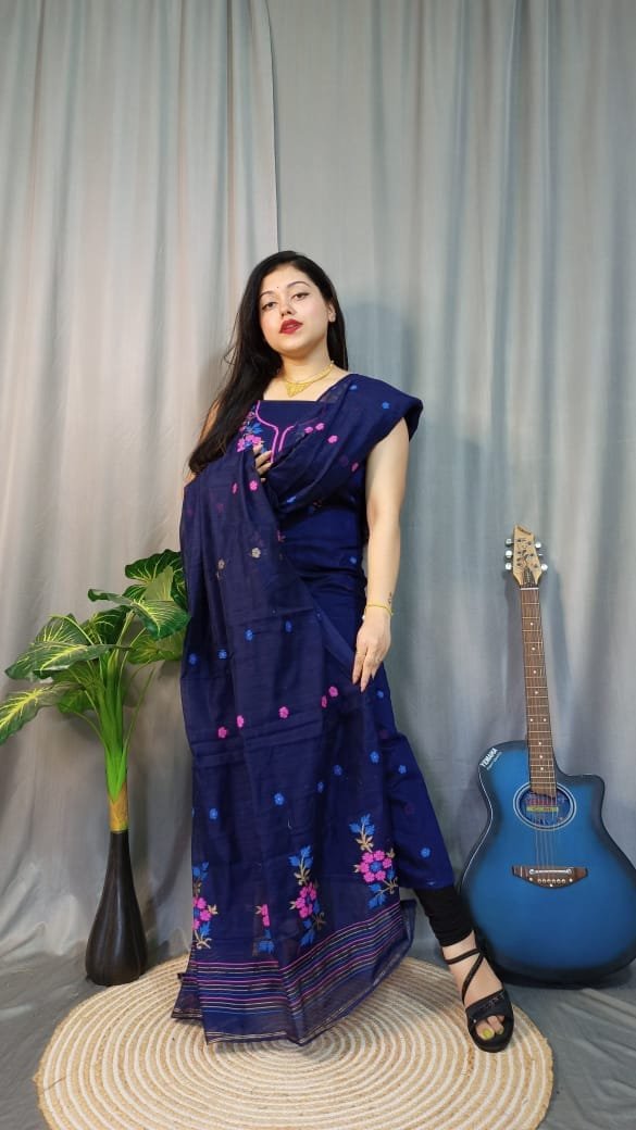 Shiuli Navy Blue Muga Cotton Unstitched Jamdani Suit Set