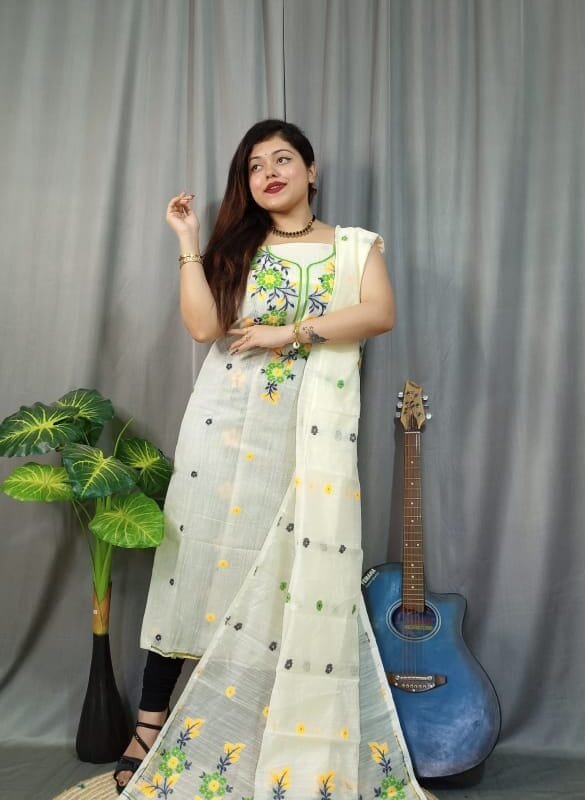 Shiuli Pastel Grey Muga Cotton Unstitched Jamdani Suit Set