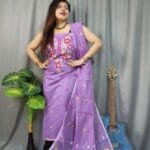 Shiuli Pastel Violet Muga Cotton Unstitched Jamdani Suit Set