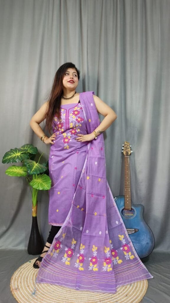 Shiuli Pastel Violet Muga Cotton Unstitched Jamdani Suit Set