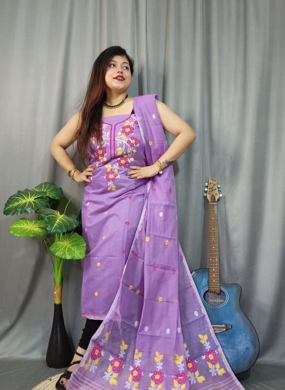 Shiuli Pastel Violet Muga Cotton Unstitched Jamdani Suit Set