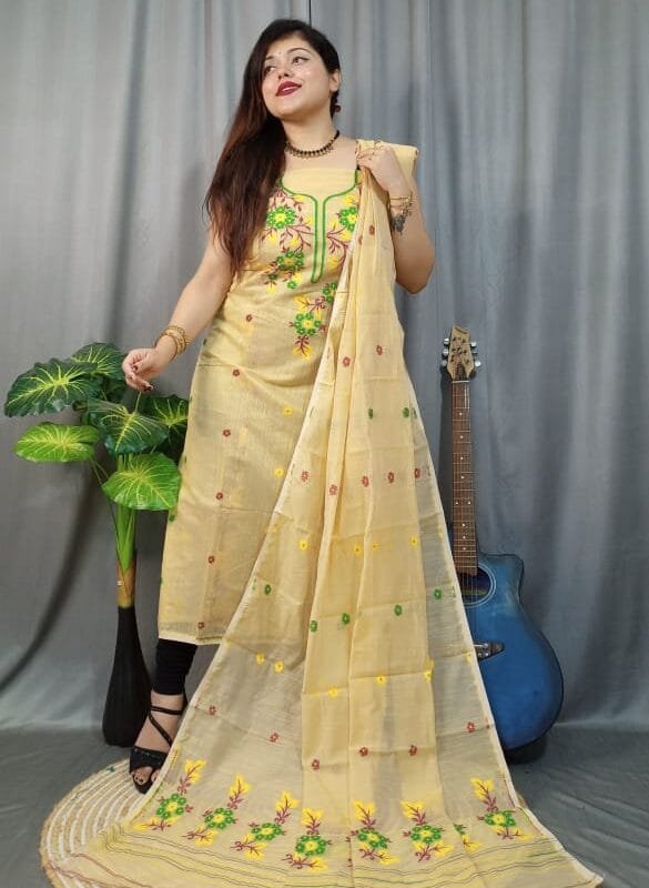 Shiuli Pavlova Muga Cotton Unstitched Jamdani Suit Set