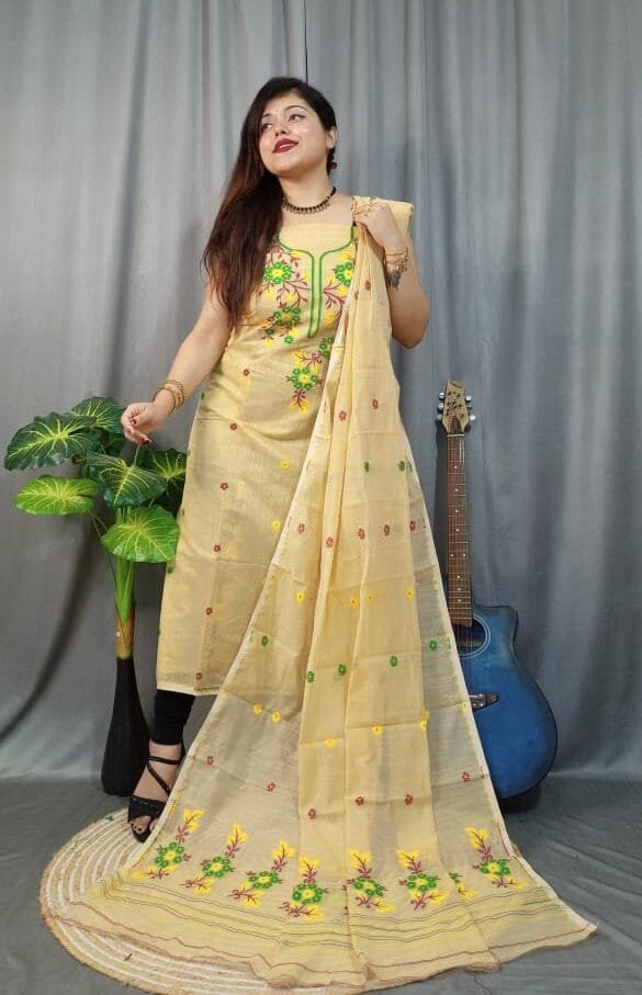 Shiuli Pavlova Muga Cotton Unstitched Jamdani Suit Set