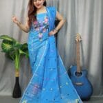 Shiuli Picton Blue Muga Cotton Unstitched Jamdani Suit Set