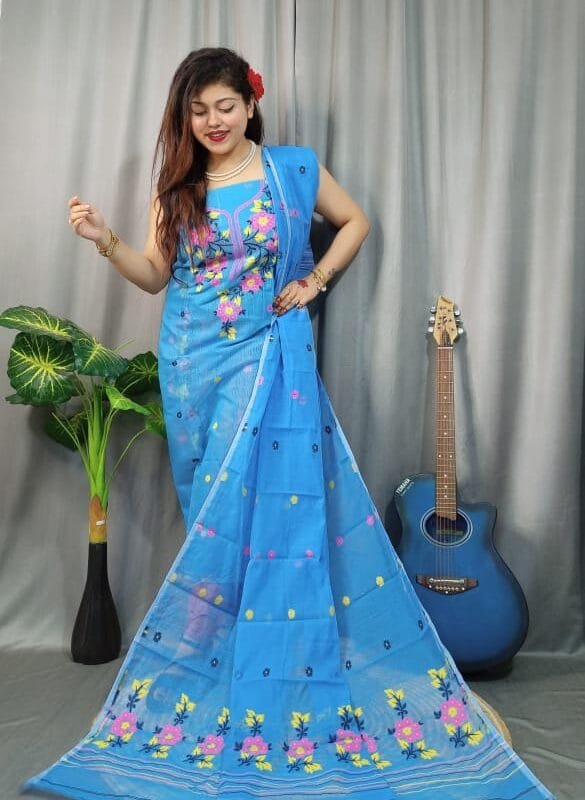 Shiuli Picton Blue Muga Cotton Unstitched Jamdani Suit Set