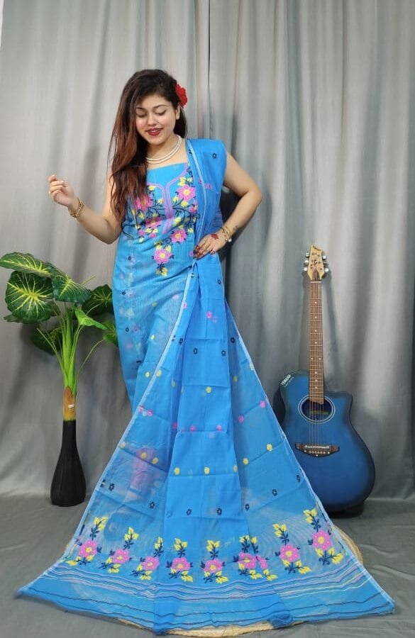 Shiuli Picton Blue Muga Cotton Unstitched Jamdani Suit Set