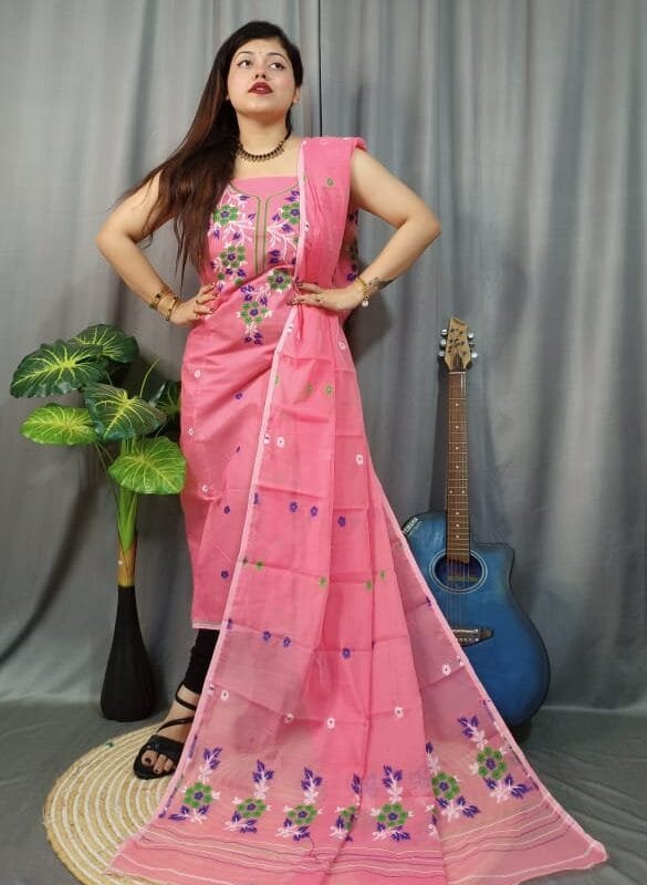 Shiuli Rose Pink Muga Cotton Unstitched Jamdani Suit Set
