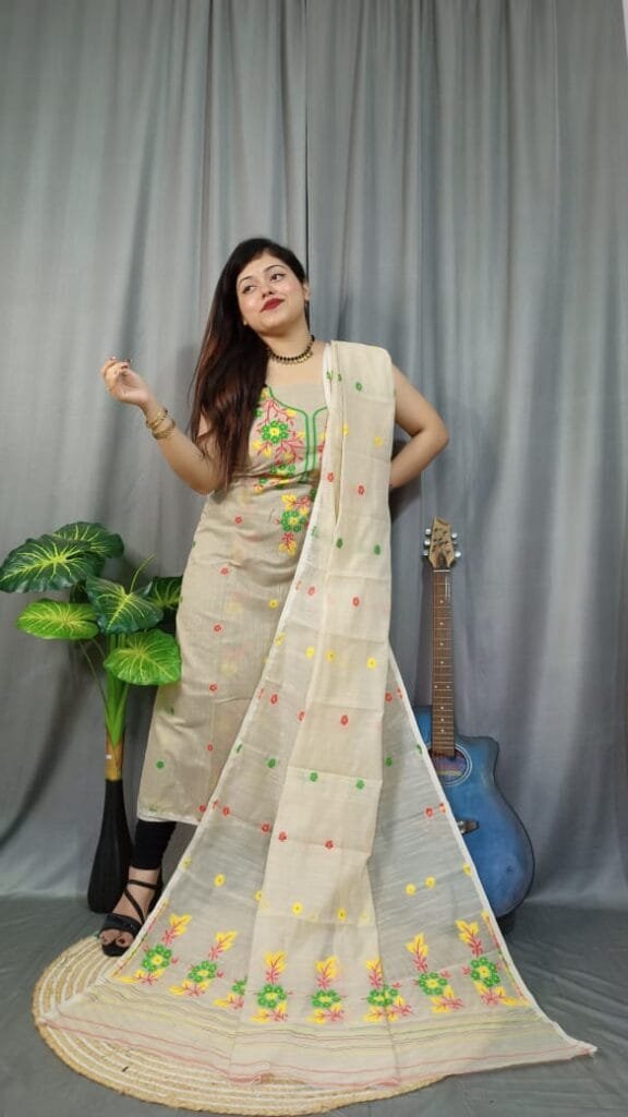 Shiuli Vanilla Muga Cotton Unstitched Jamdani Suit Set