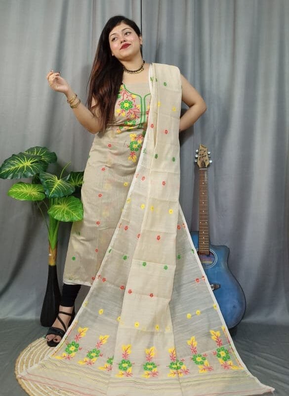 Shiuli Vanilla Muga Cotton Unstitched Jamdani Suit Set