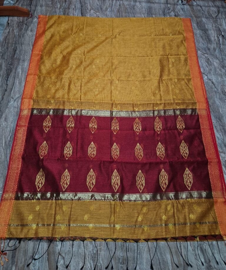 Maheshwari Design Tiger Orange Cotton Silk Handloom Saree with Blouse Piece