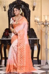 White Orange Soft Dhakai Jamdani Saree - Image 2