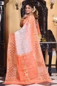 White Orange Soft Dhakai Jamdani Saree