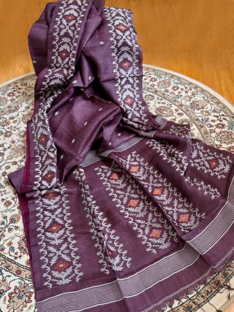 Wine Berry Pure Gachi Tussar Handloom Jamdani Saree
