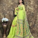 Avocado Green Soft Jamdani Sari With Blause Piece