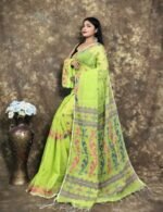 Avocado Green Soft Jamdani Sari With Blause Piece