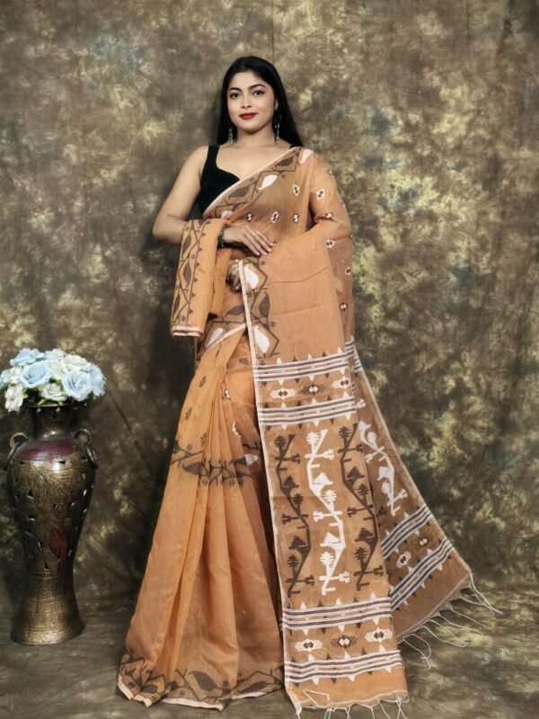 Coffee Soft Jamdani Sari With Blause Piece