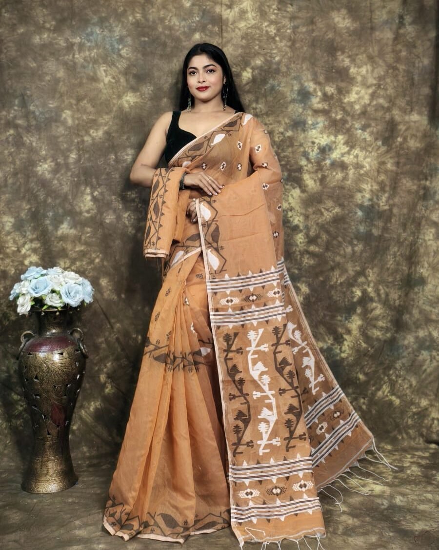 Coffee Soft Jamdani Sari With Blause Piece