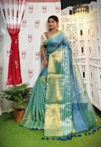 Deep Aqua Soft Tissue Handloom Saree