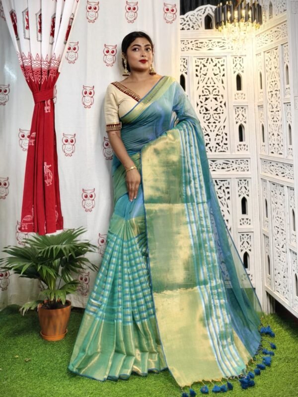 Deep Aqua Soft Tissue Handloom Saree
