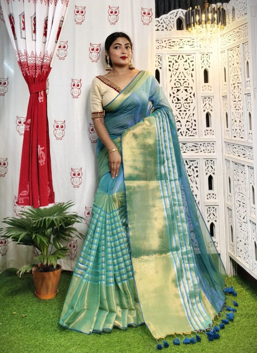 Deep Aqua Soft Tissue Handloom Saree