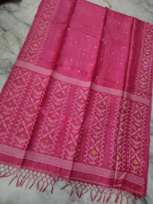 Deep Rose Pure Gachi Tussar Handloom Jamdani Saree