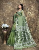 Greenish Grey Soft Jamdani Sari With Blause Piece