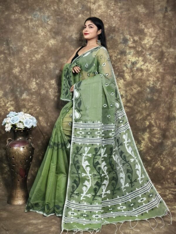 Greenish Grey Soft Jamdani Sari With Blause Piece