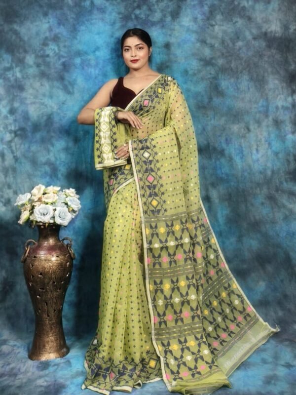 Greenish Tan Soft Jamdani Saree With Blause Piece