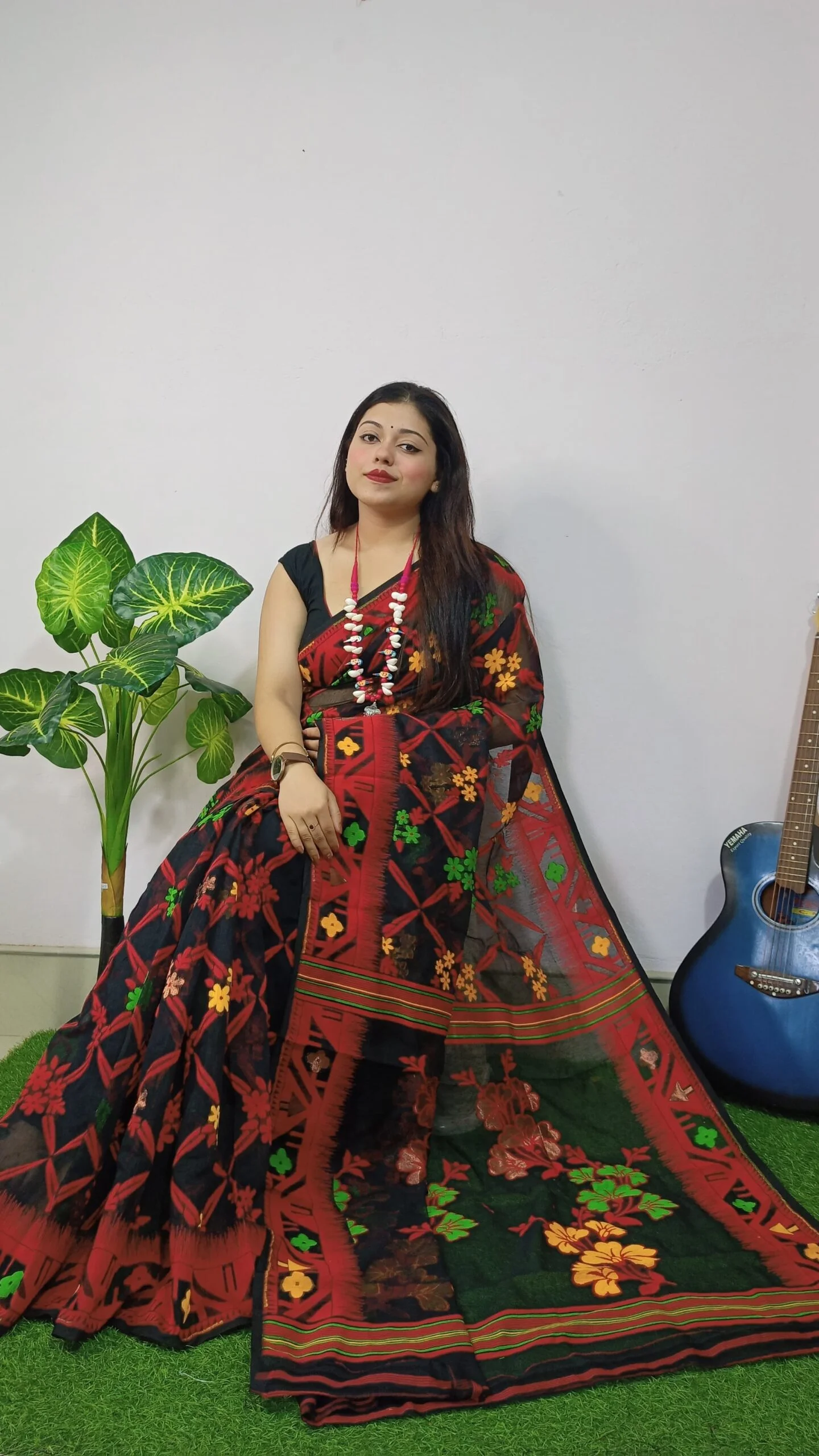 Dark Lota Cross Dhakai Jamdani Sari 1 Dark Lota Cross Dhakai Jamdani Sari