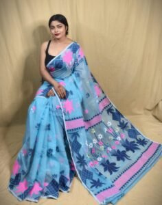 Lotus Denim Blue Soft Dhakai Jamdani Saree