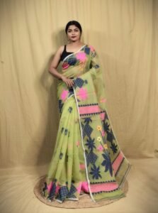 Lotus Olive Green Soft Dhakai Jamdani Saree