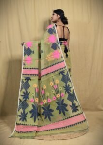 Lotus Olive Green Soft Dhakai Jamdani Saree