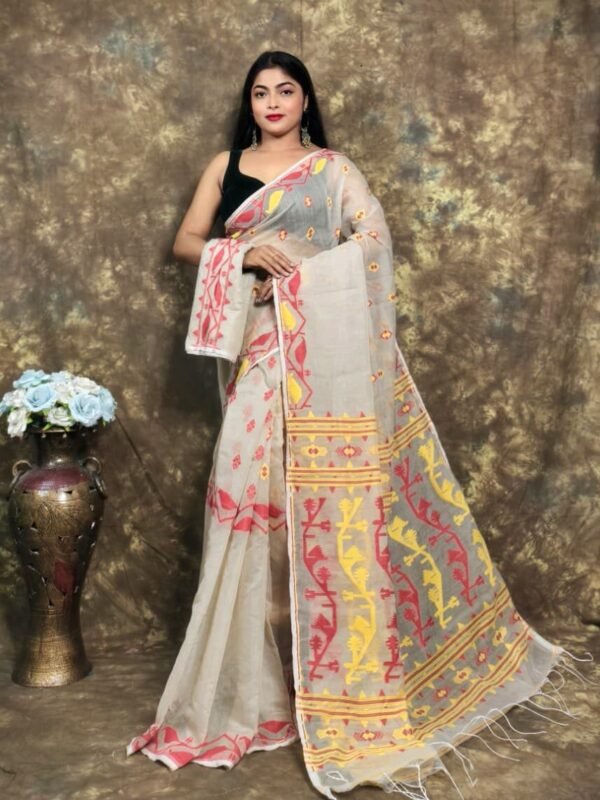 Mushroom Soft Jamdani Sari With Blause Piece