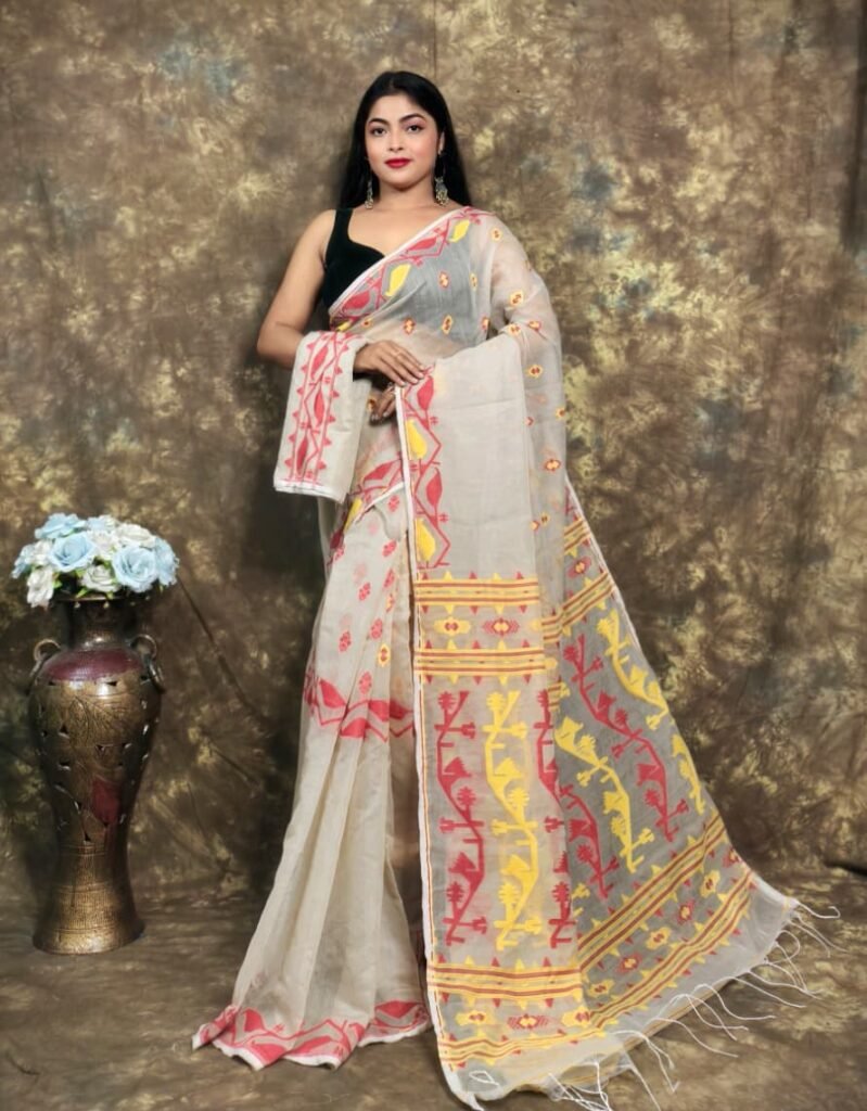 Mushroom Soft Jamdani Sari With Blause Piece