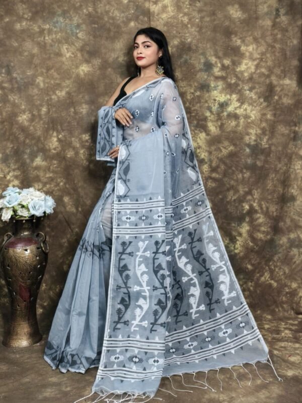 Rock Blue Soft Jamdani Sari With Blause Piece