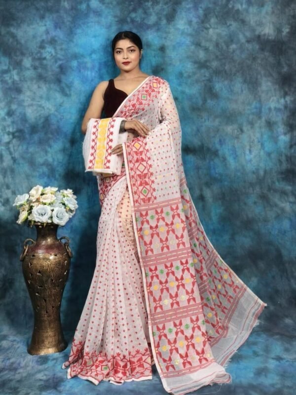 White Soft Jamdani Saree With Blause Piece