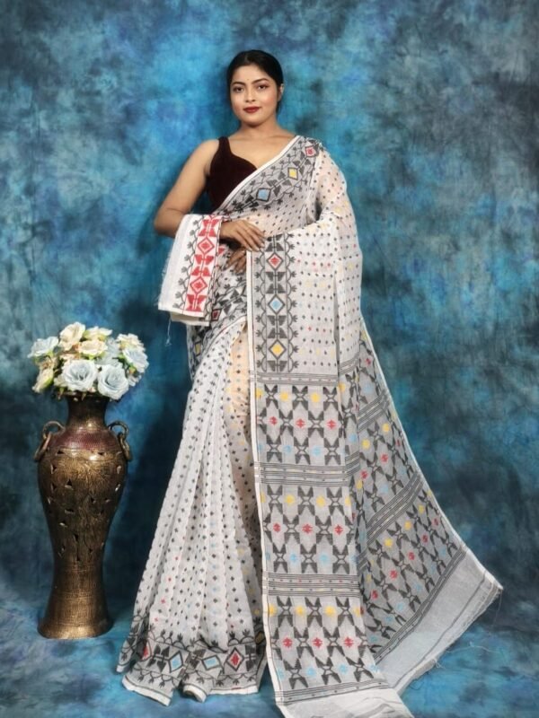 White Soft Jamdani Sari With Blause Piece