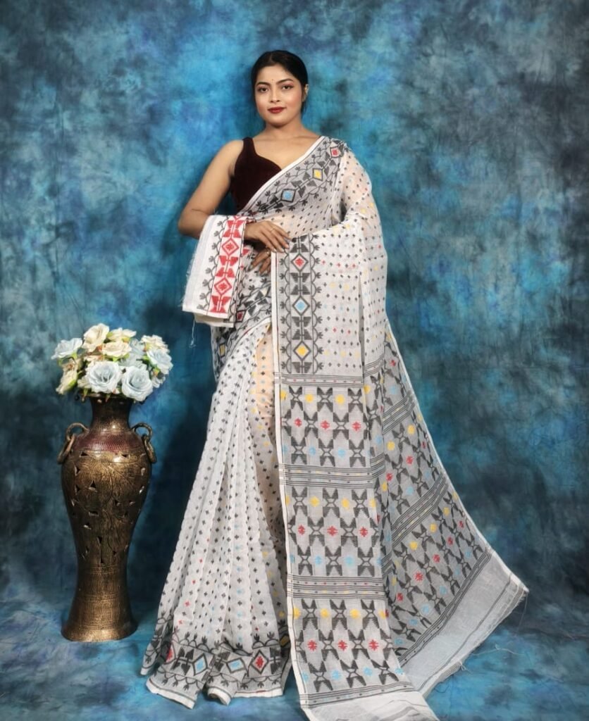 White Soft Jamdani Sari With Blause Piece