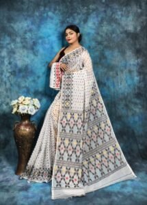 White Soft Jamdani Sari With Blause Piece