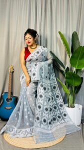Ash Grey Soft Dhakai Jamdani Saree